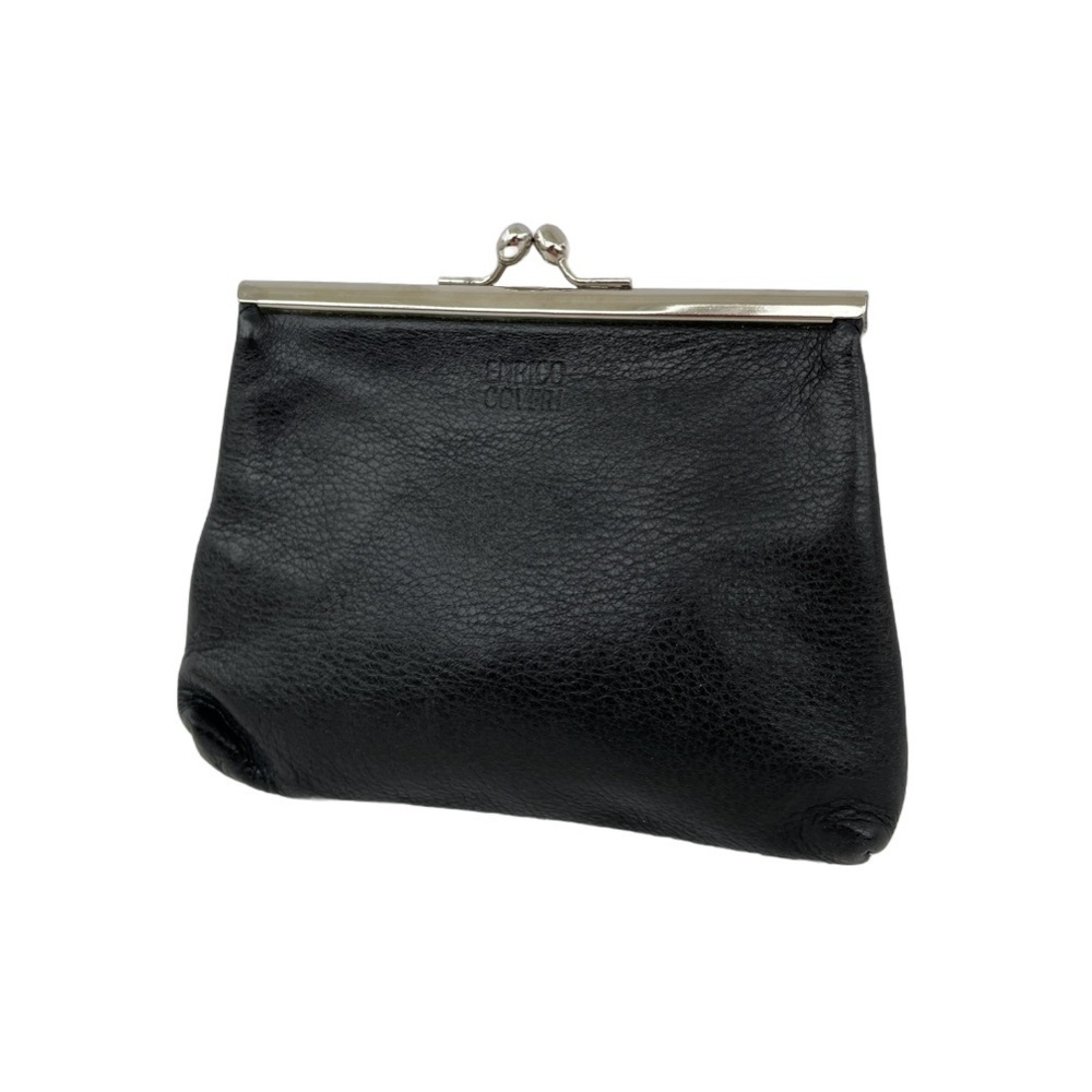 Vintage Enrico Coveri Black Leather Coin Purse, Silver Hardware Red Print Lining